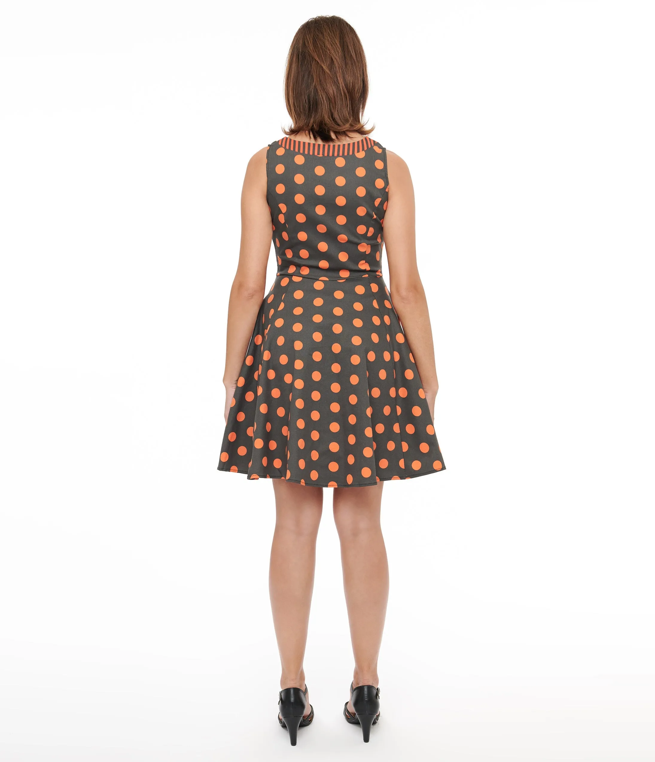 1950s Black Orange Polka Dot Fit Flare Dress