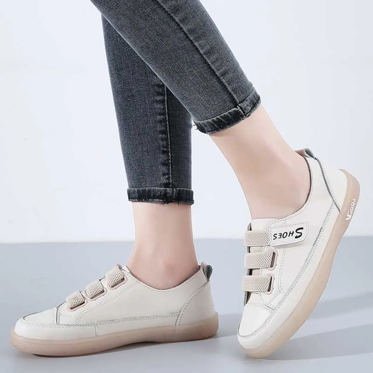 Beige Velcro Shoe Sneaker Triple Strap Casual