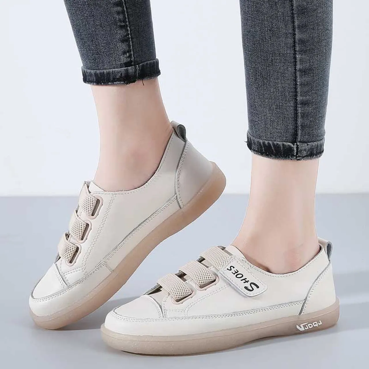 Beige Velcro Shoe Sneaker Triple Strap Casual