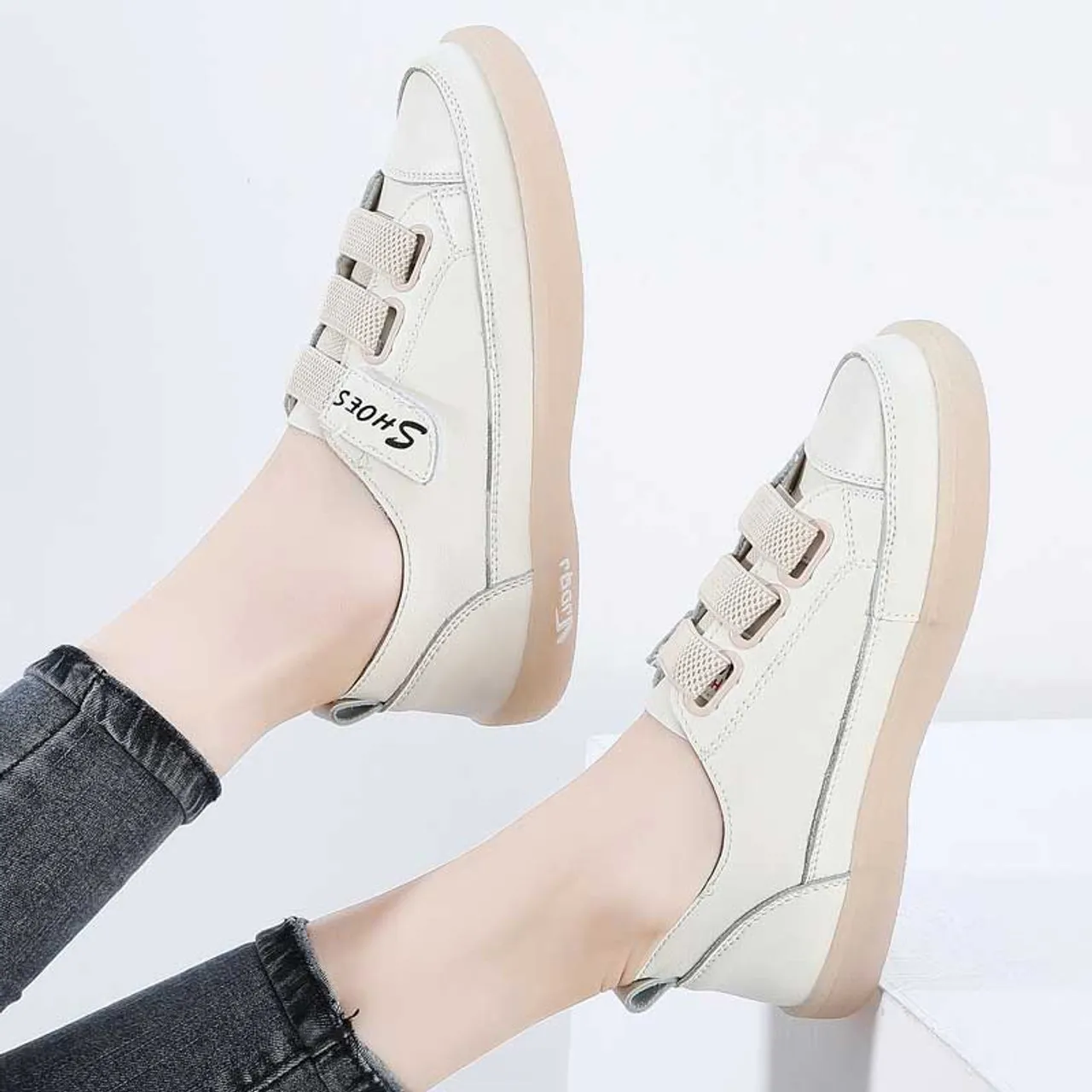 Beige Velcro Shoe Sneaker Triple Strap Casual