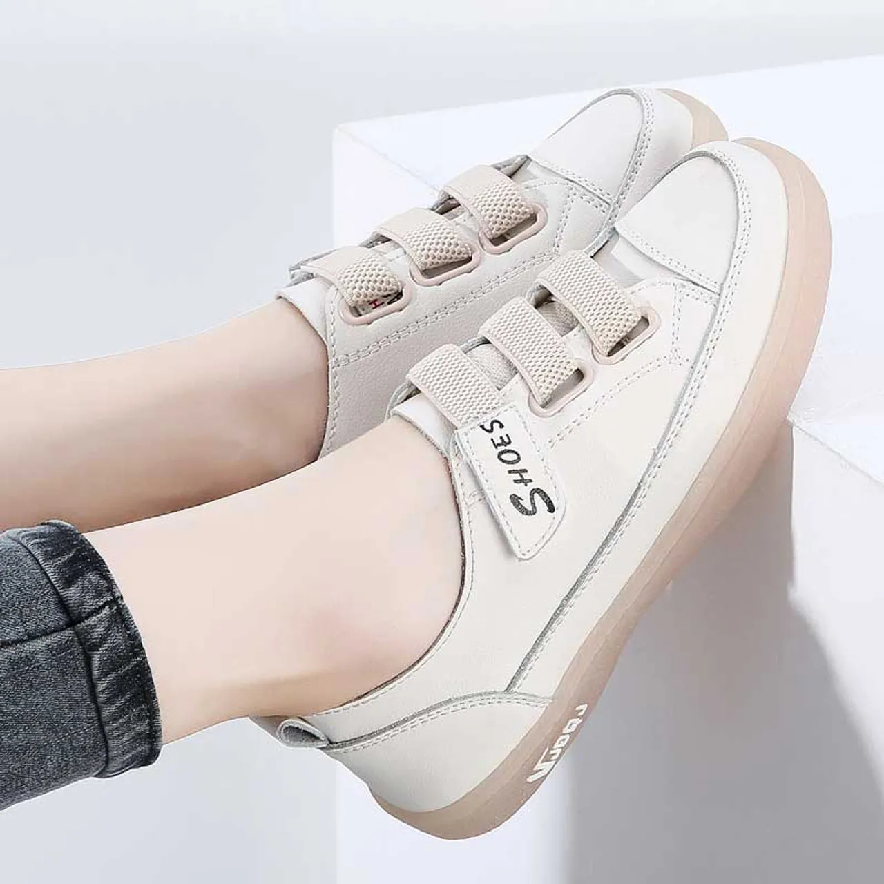 Beige Velcro Shoe Sneaker Triple Strap Casual