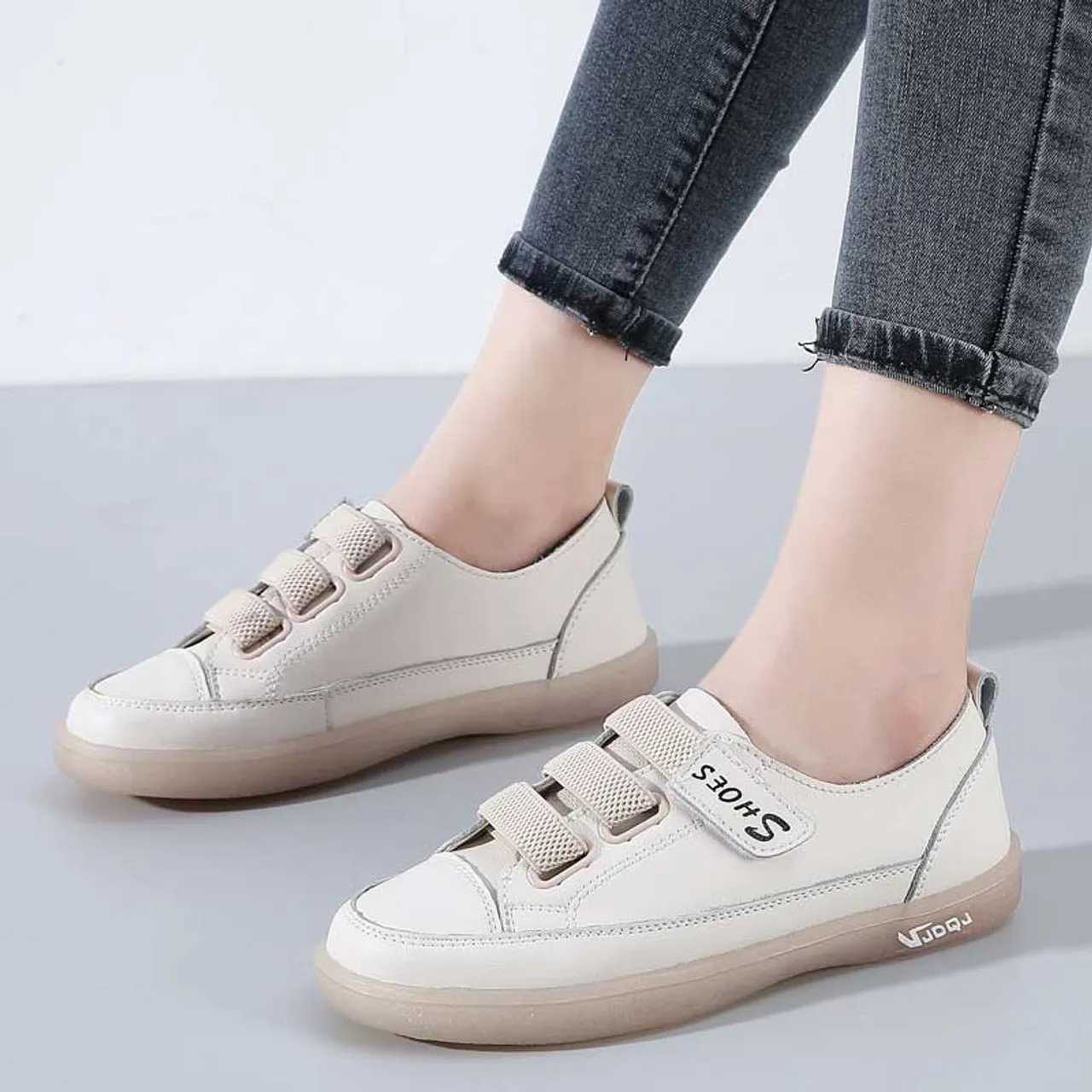 Beige Velcro Shoe Sneaker Triple Strap Casual