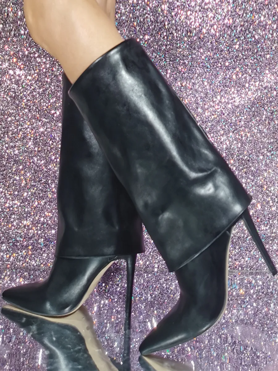 Black Mid Calf Plus Size Pointed Toe High Heel Foldover Boots