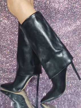 Black Mid Calf Plus Size Pointed Toe High Heel Foldover Boots