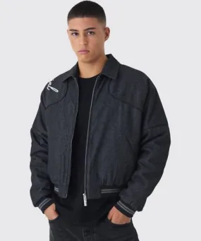 Boohoo Boxy Denim Varsity Bomber Jacket for Men with Embroidery