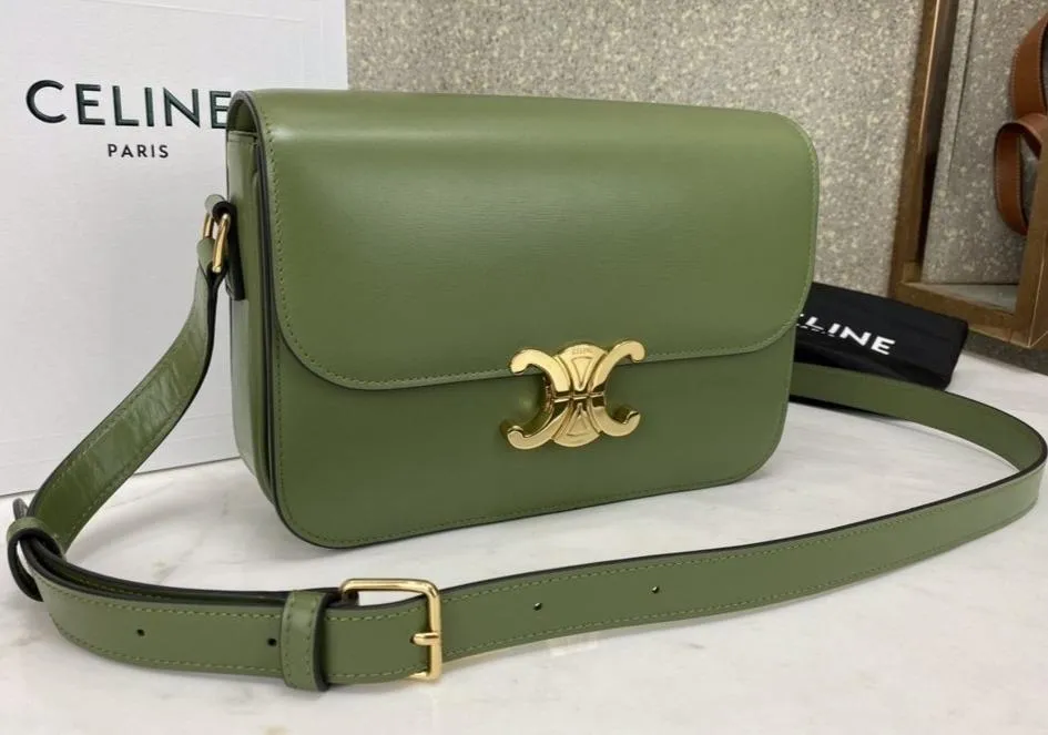 Celine Shiny Calfskin Medium Triomphe Bag Light Khaki