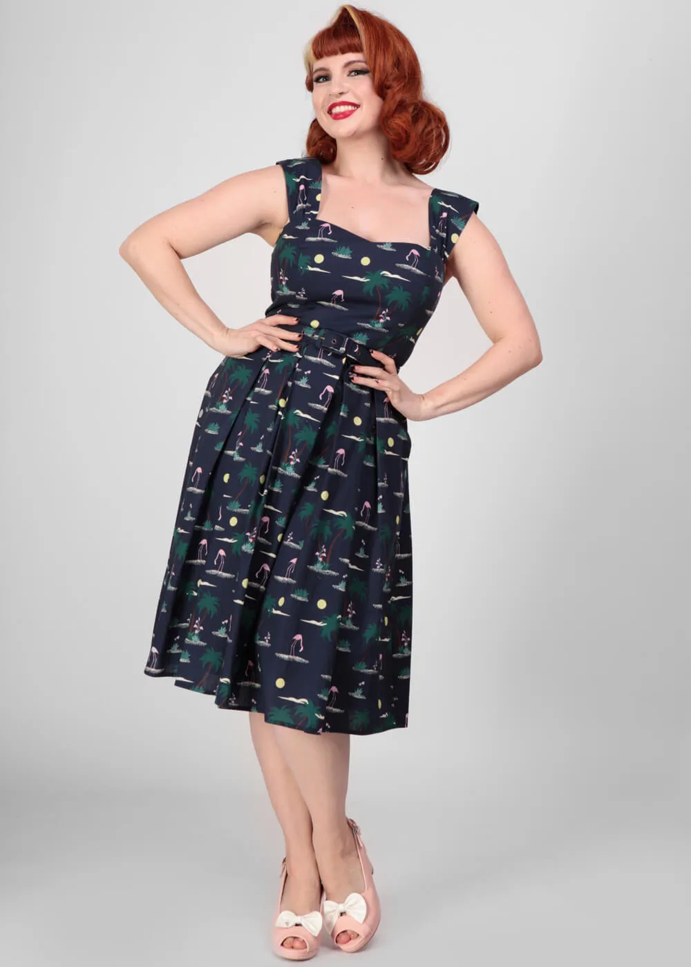 Navy Collectif Jill Flamingo Palm 50's Swing Dress