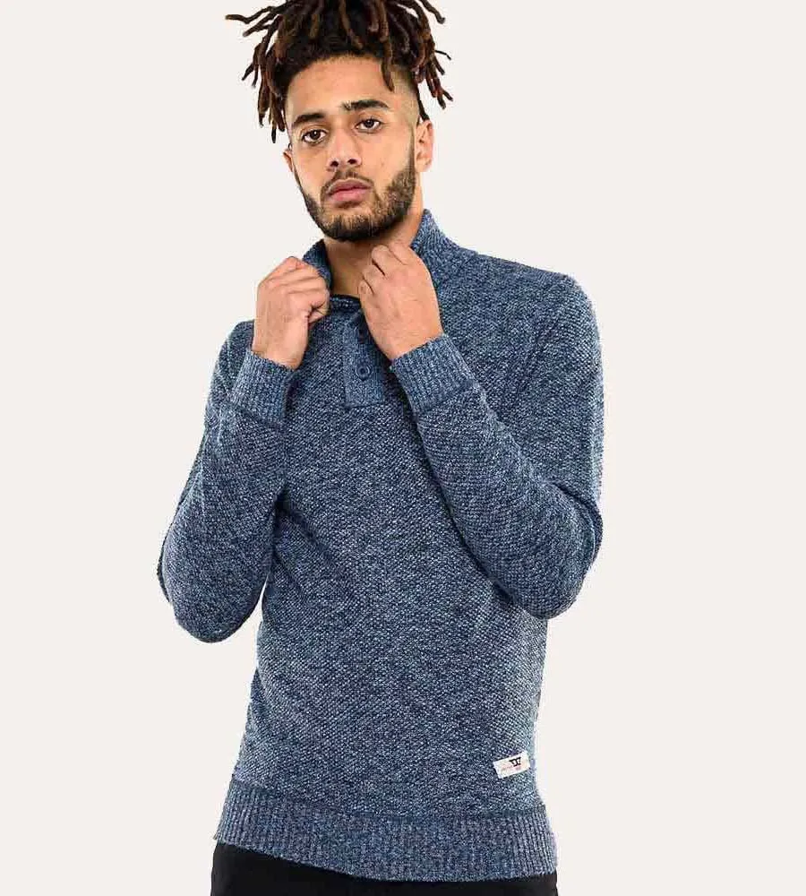 Blue Twisted Yarn Sweater With Zipper & Button Neck for Men (WILMINGTON)