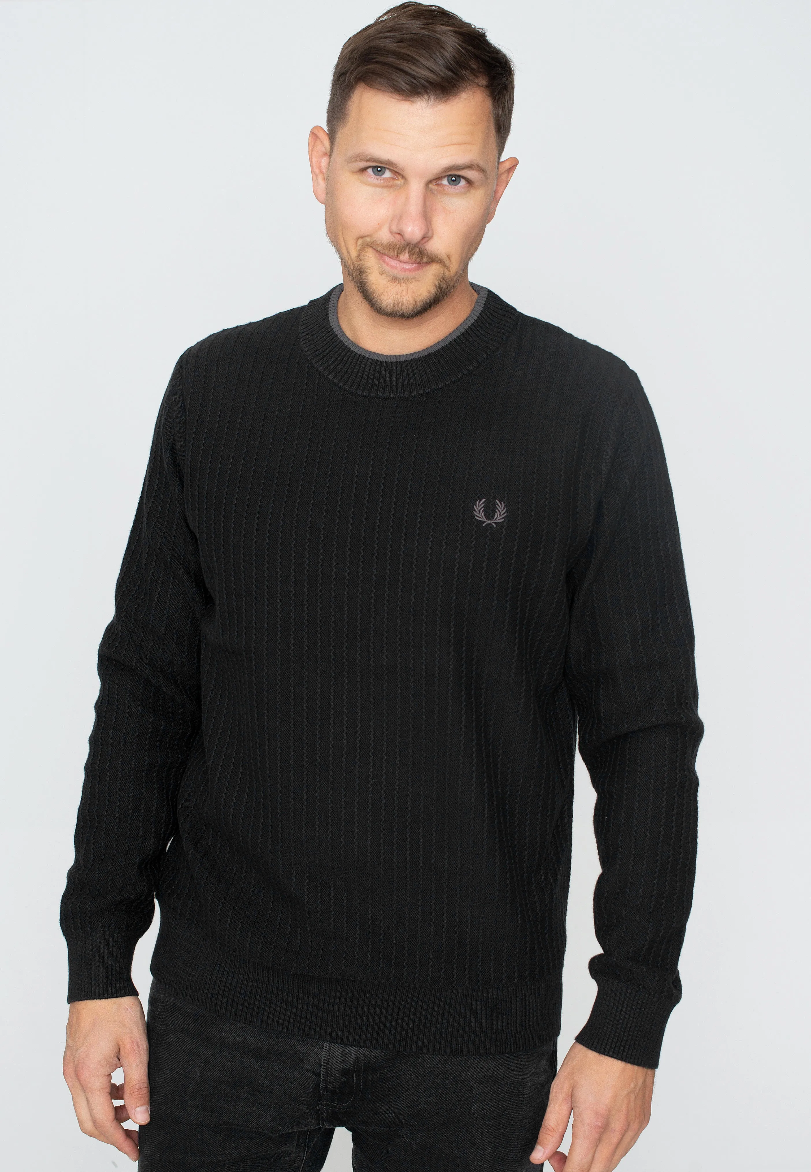 Fred Perry Black Textured Crew Neck Jumper - Buy Pullover