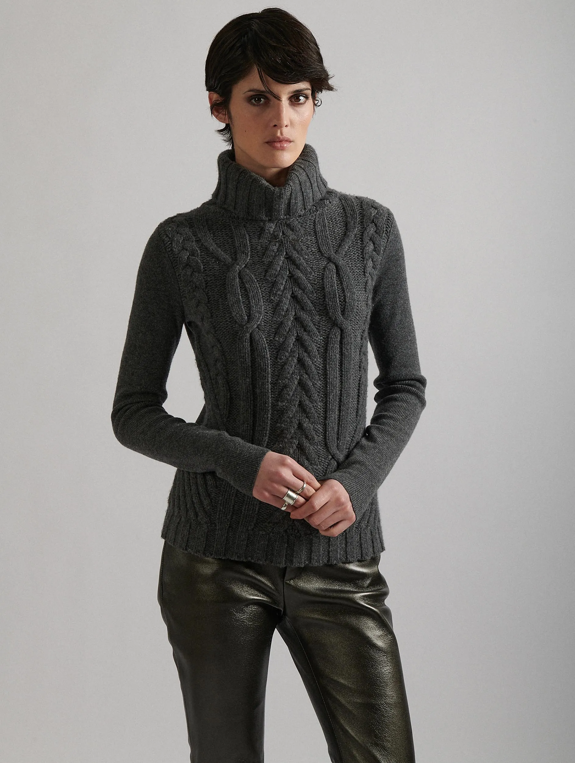 Gray Cashmere Cable-Knit Turtleneck Sweater