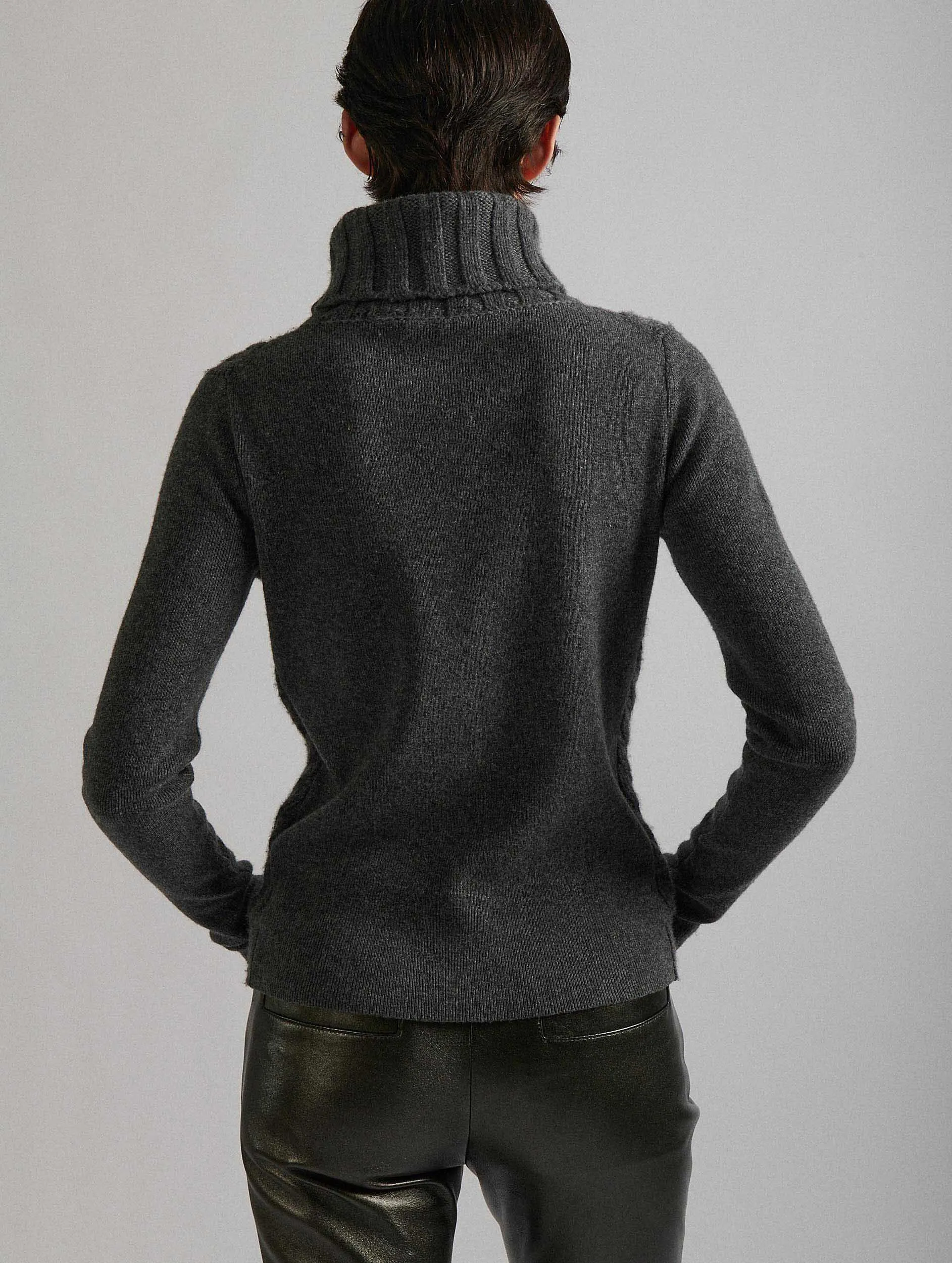 Gray Cashmere Cable-Knit Turtleneck Sweater