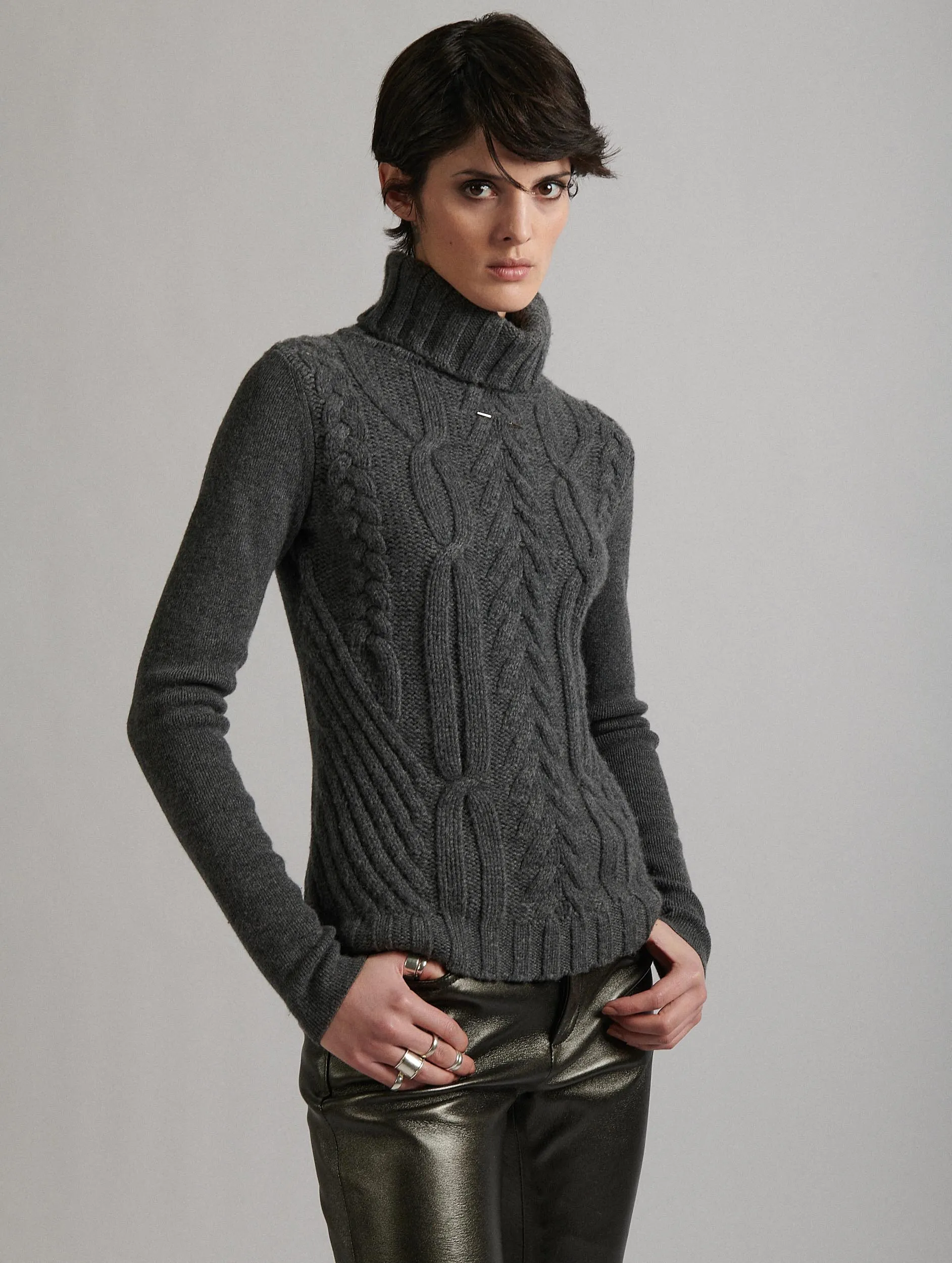 Gray Cashmere Cable-Knit Turtleneck Sweater