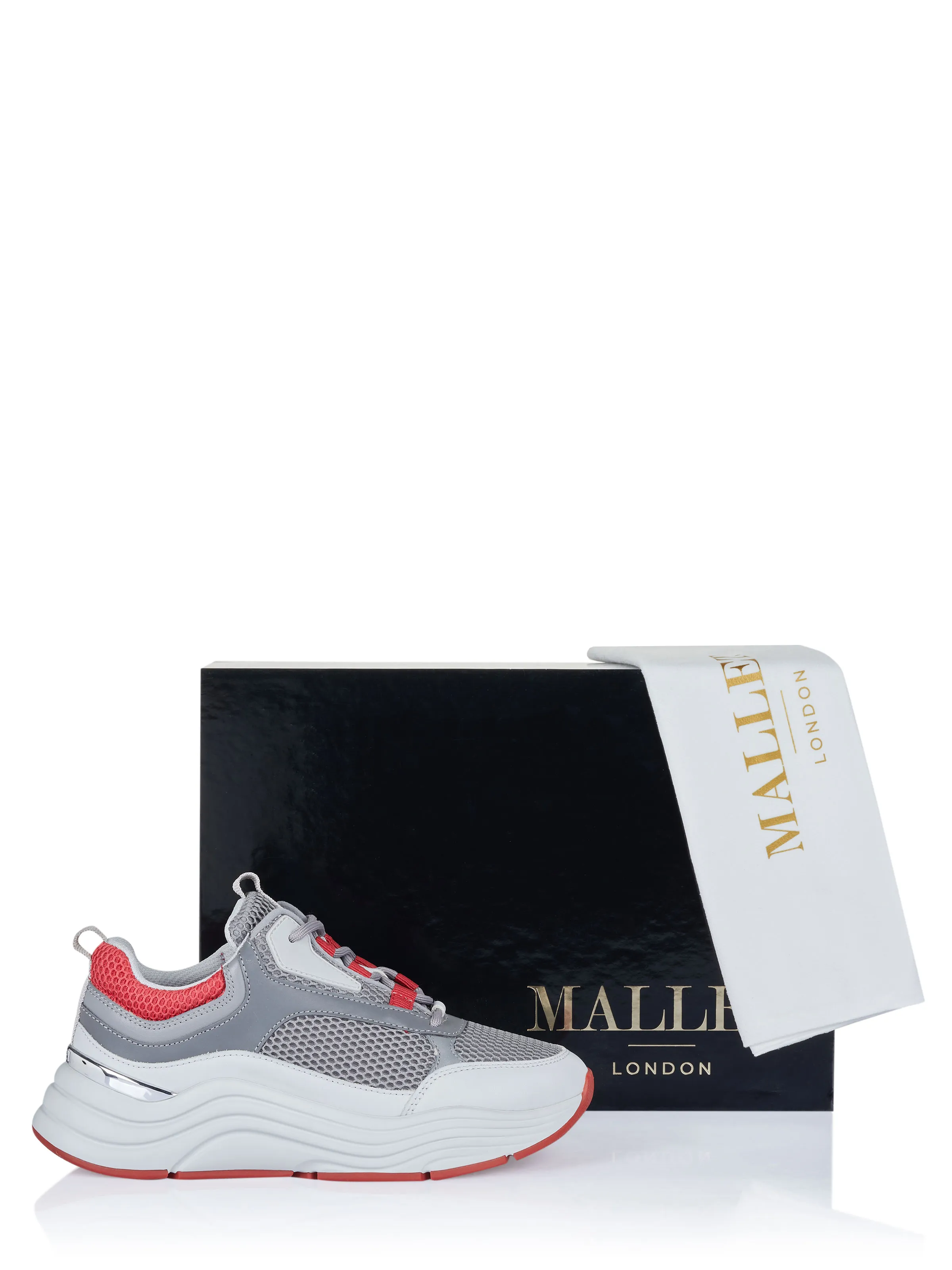 Grey and red mallet shoes.