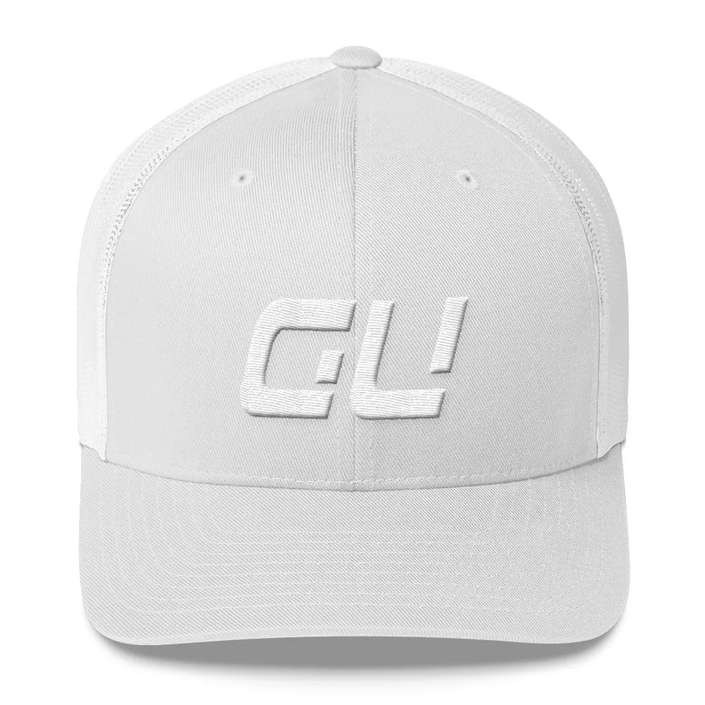 Guam White Embroidered Mesh Trucker Cap with GU Monogram - Multiple Color Options