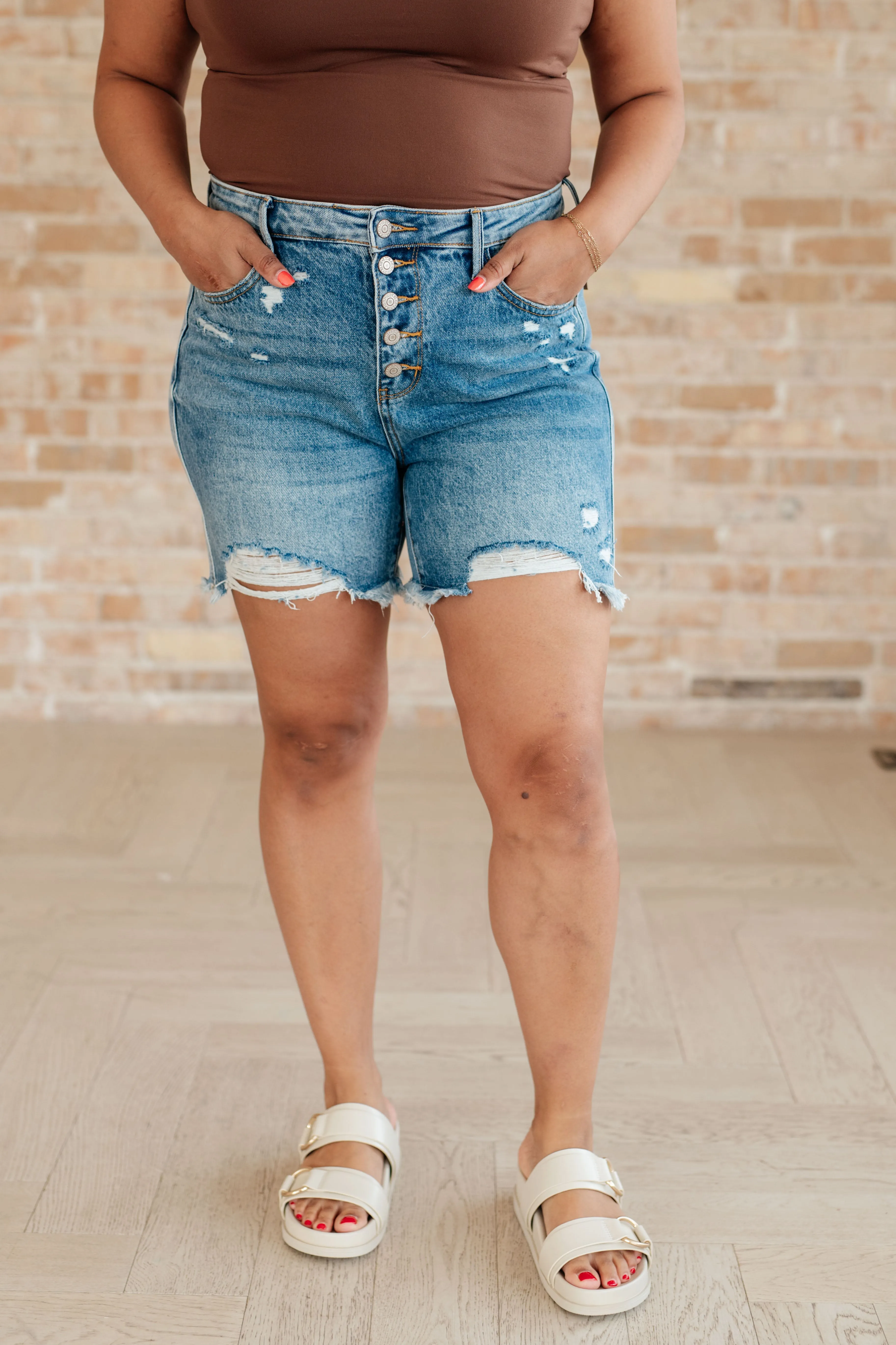 Kara High Rise Denim Cutoff Shorts with Button Fly