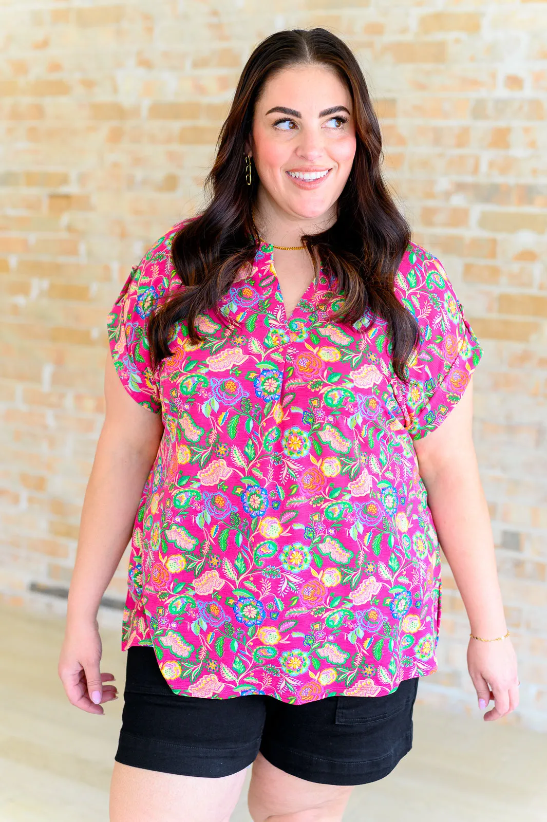 Lizzy Fuchsia and Green Floral Paisley Cap Sleeve Top