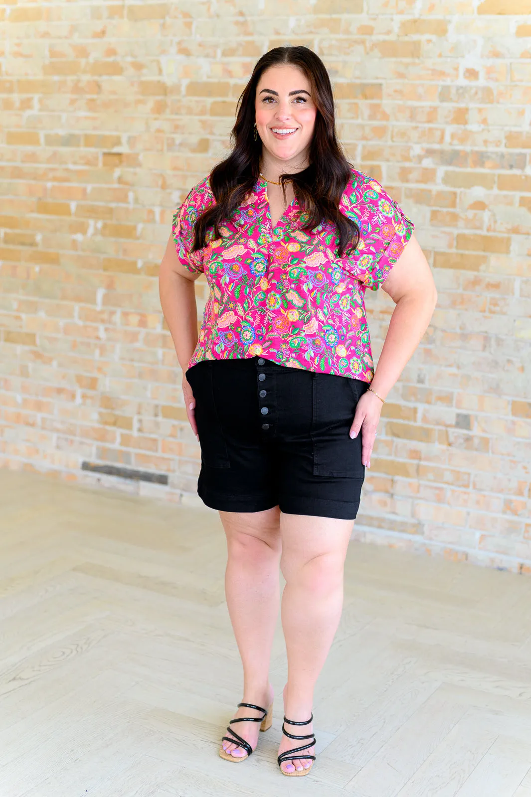 Lizzy Fuchsia and Green Floral Paisley Cap Sleeve Top