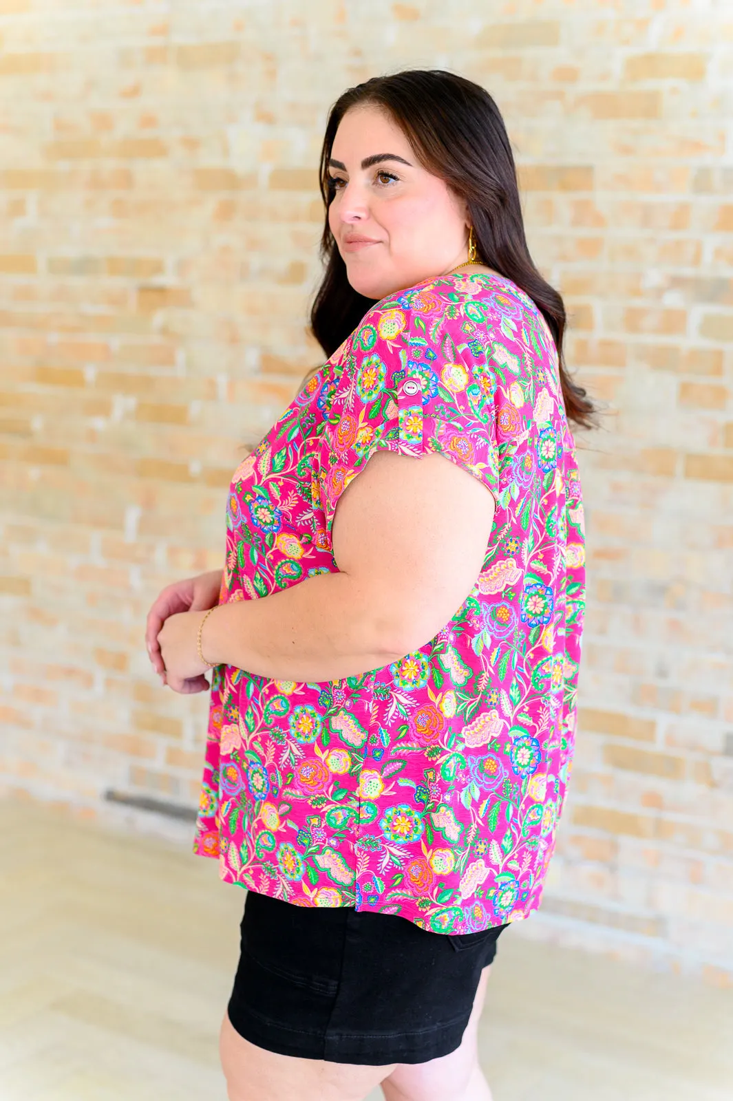 Lizzy Fuchsia and Green Floral Paisley Cap Sleeve Top