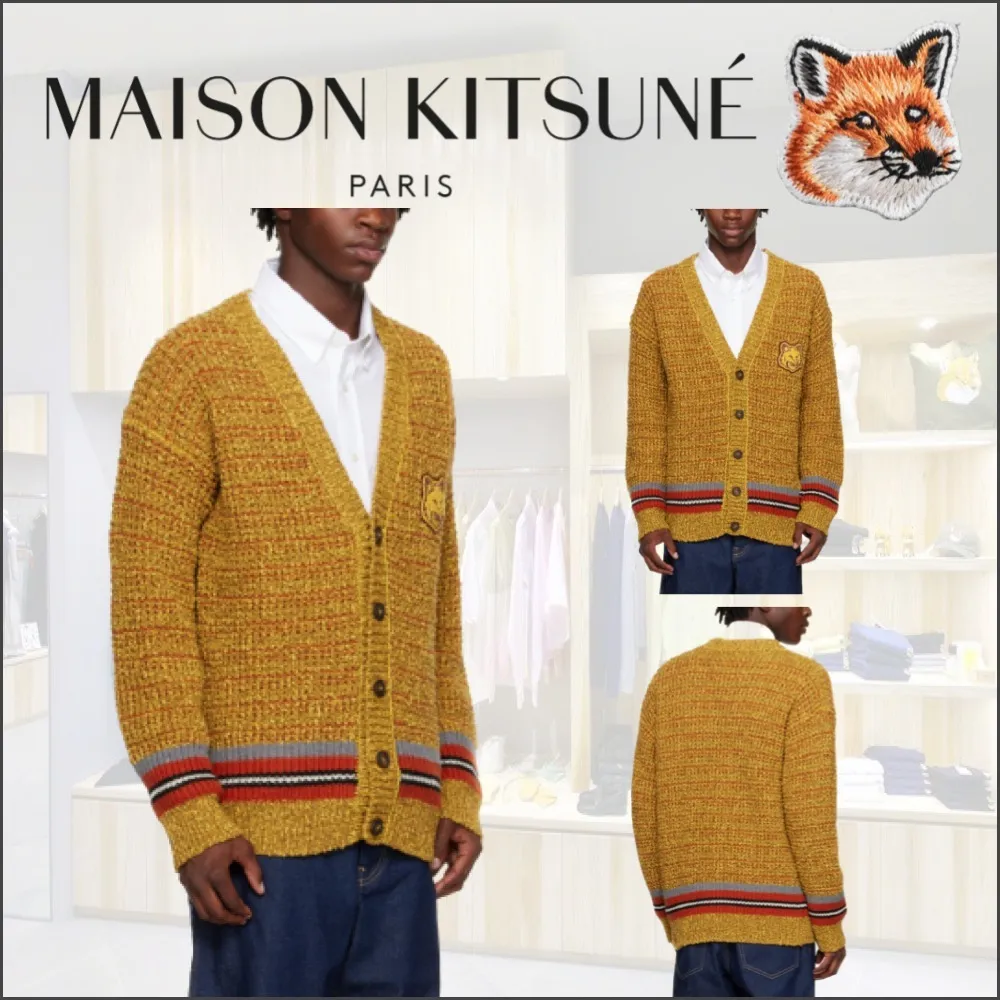 MAISON KITSUNE Khaki Wool Striped Unisex Jacket