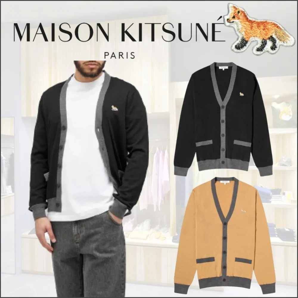 Maison Kitsuné Unisex Wool Bicolor Animal Patterns Logo