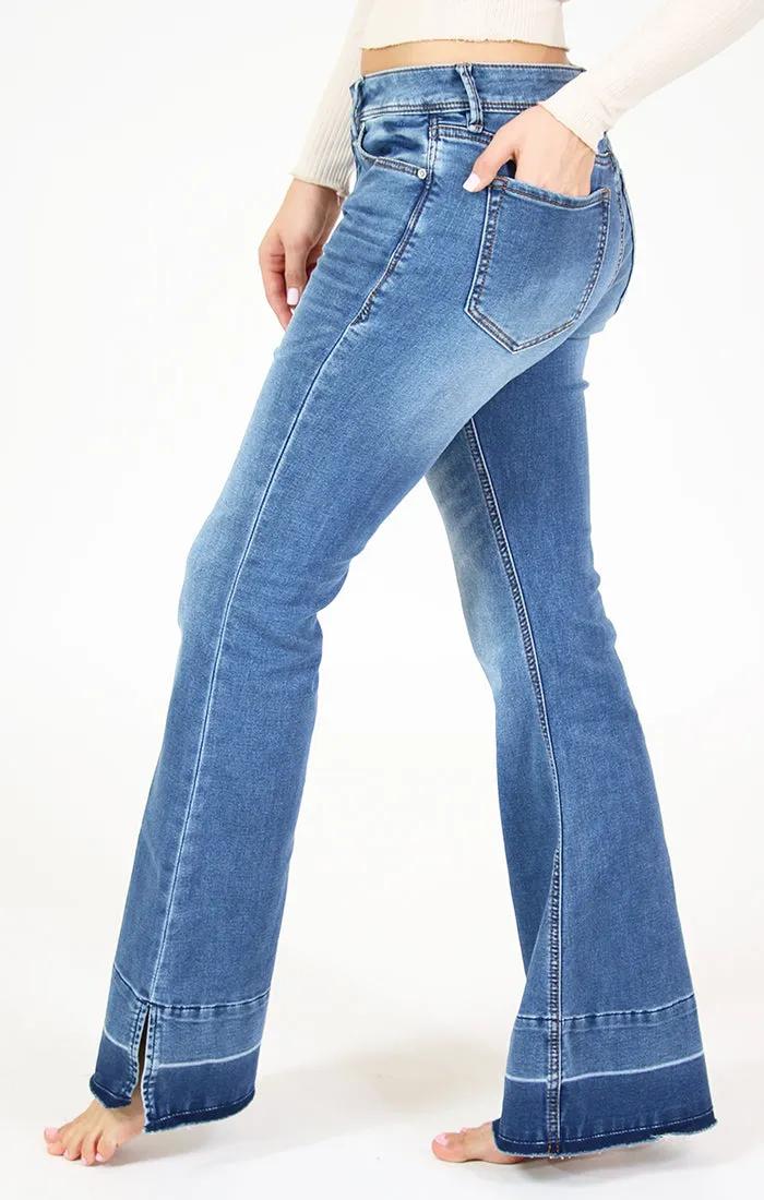 Mid Rise Flare Jeans in Medium Wash Knit Denim