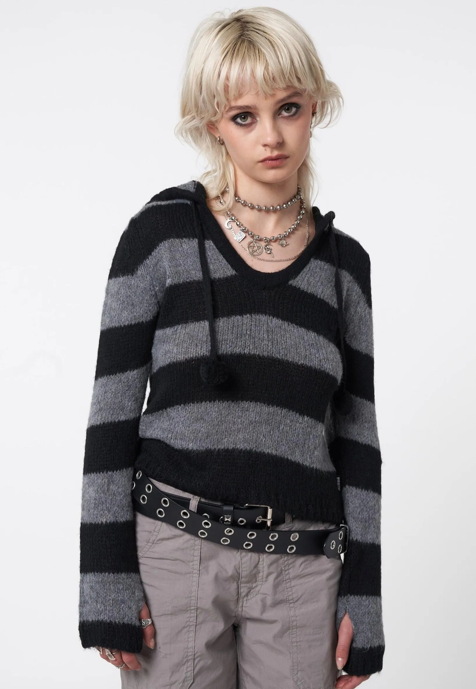 Minga London Black Grey Striped Hooded Knit Pullover