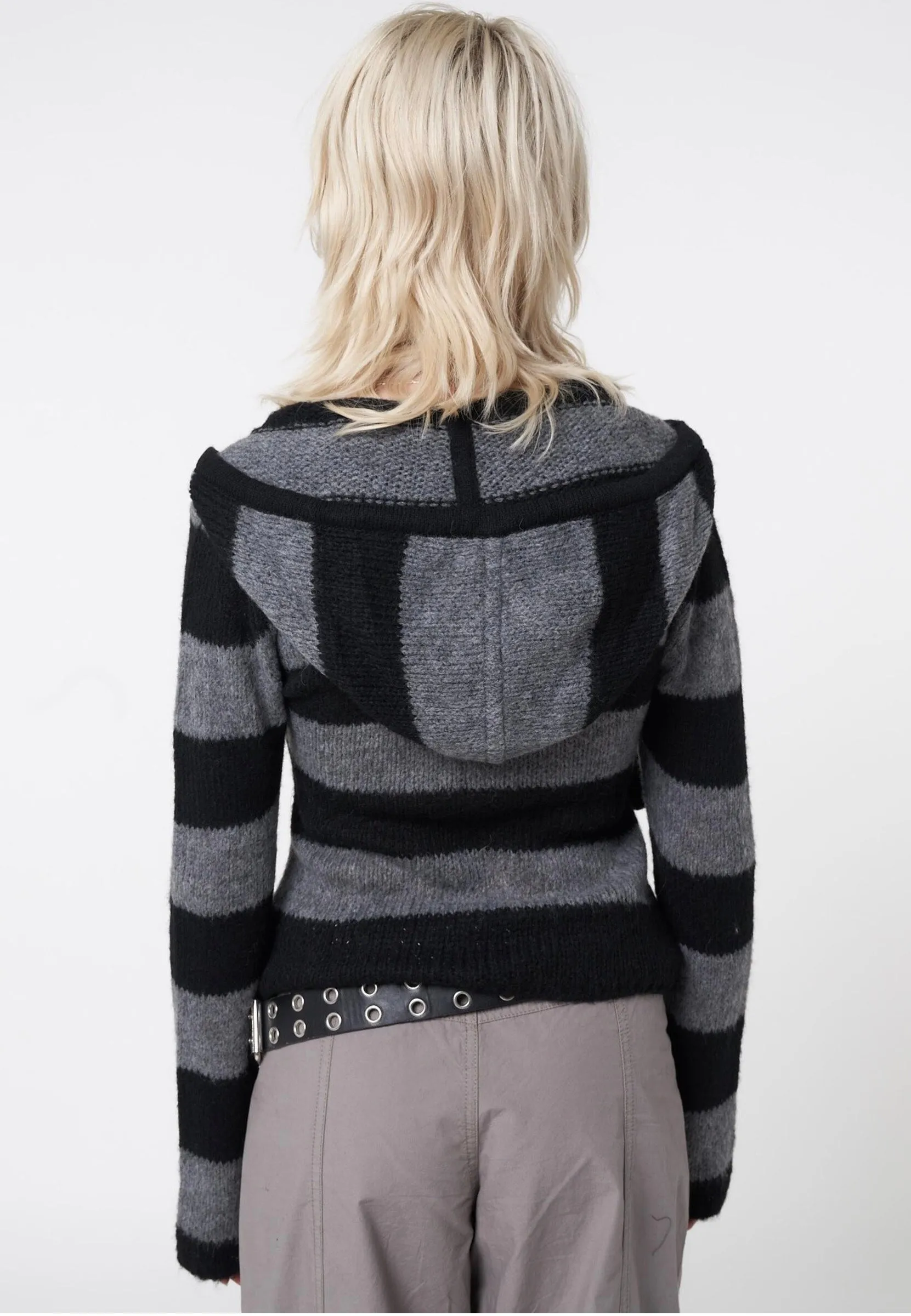 Minga London Black Grey Striped Hooded Knit Pullover