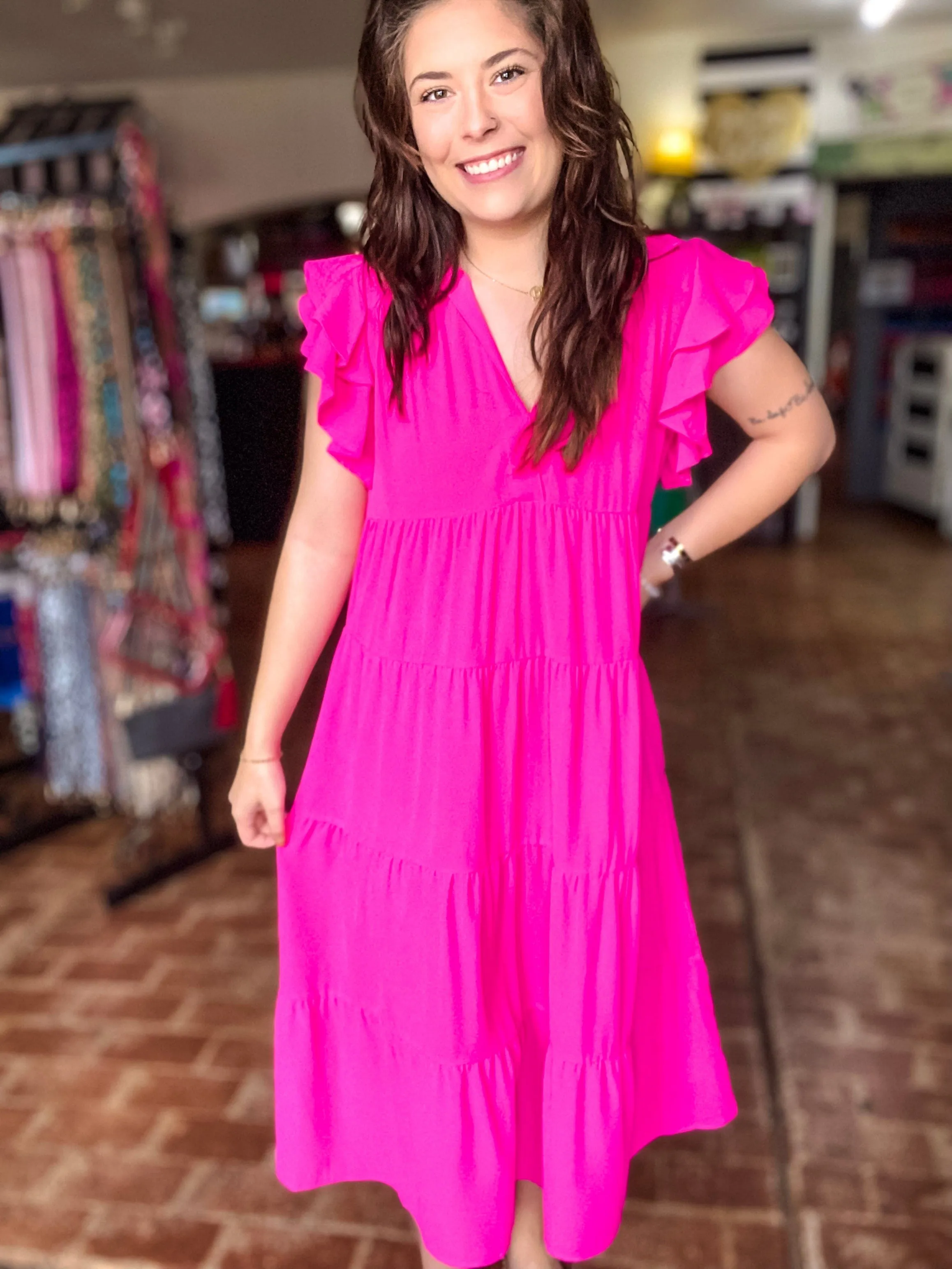 Molly Hot Pink Dress with Flutter Sleeves