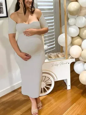 Momnfancy Beige Bodycon Striped Boat Neck Maternity Maxi Dress