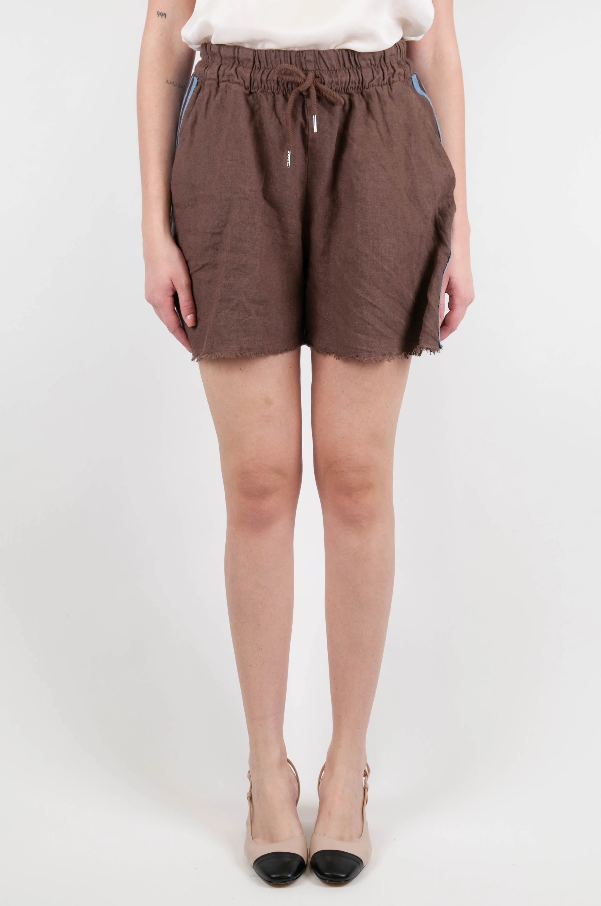 Motel Linen Shorts with Drawstring and Side Contrast Band