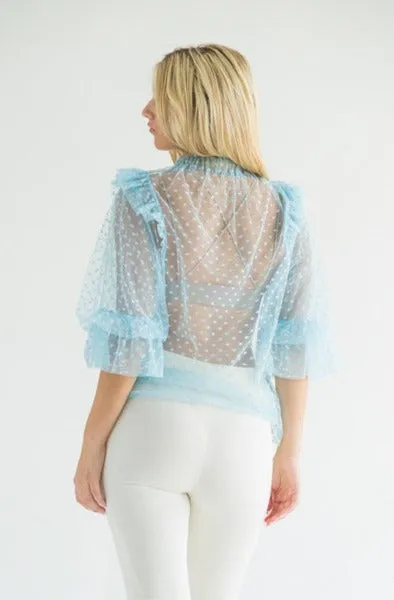 PARKER Blue Polka Dot Sheer Blouse