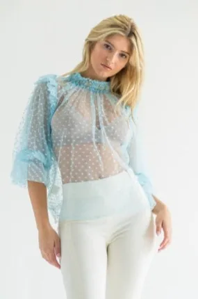 PARKER Blue Polka Dot Sheer Blouse