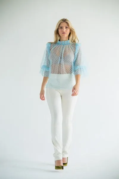 PARKER Blue Polka Dot Sheer Blouse