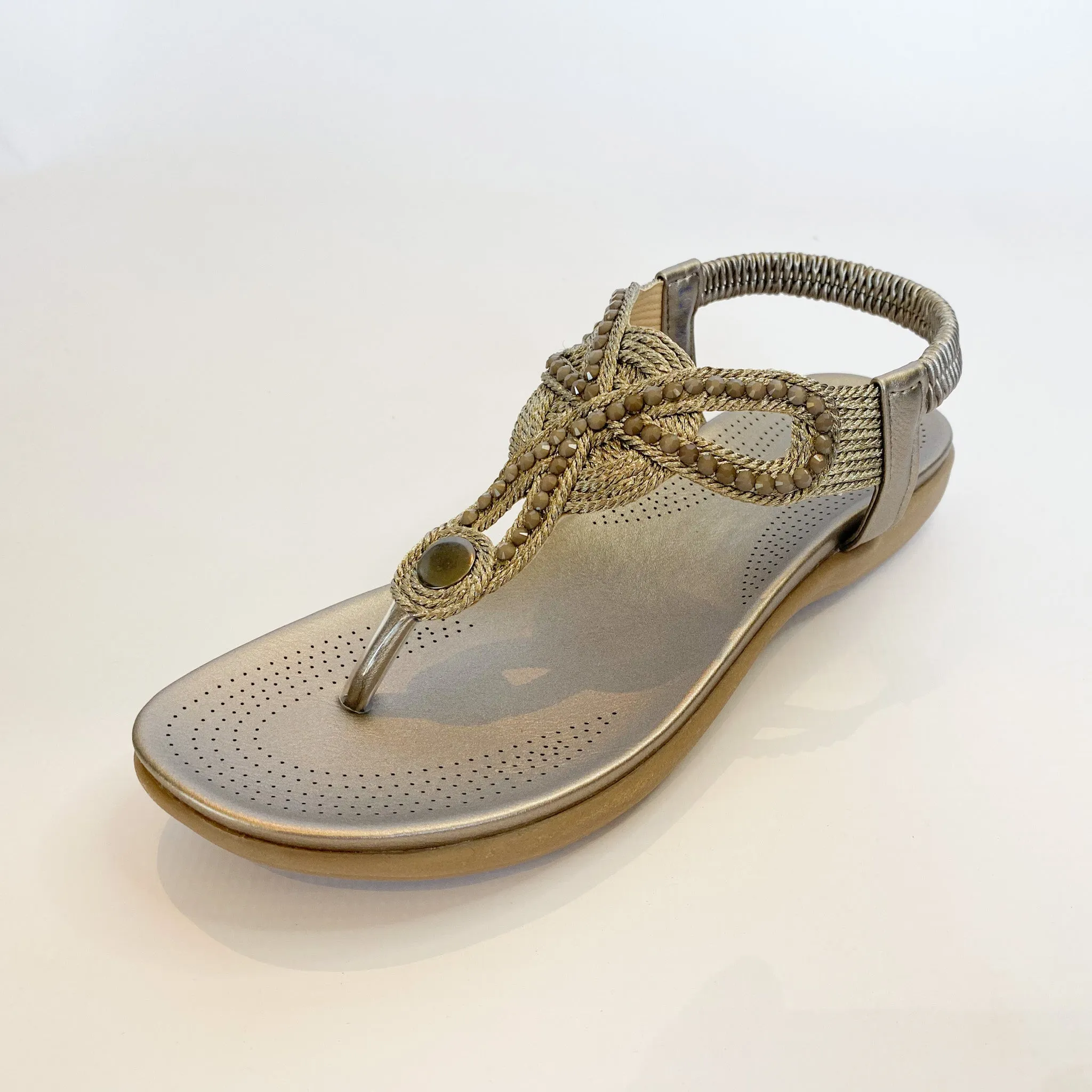 Pewter Beaded Toe Thong Sandals.