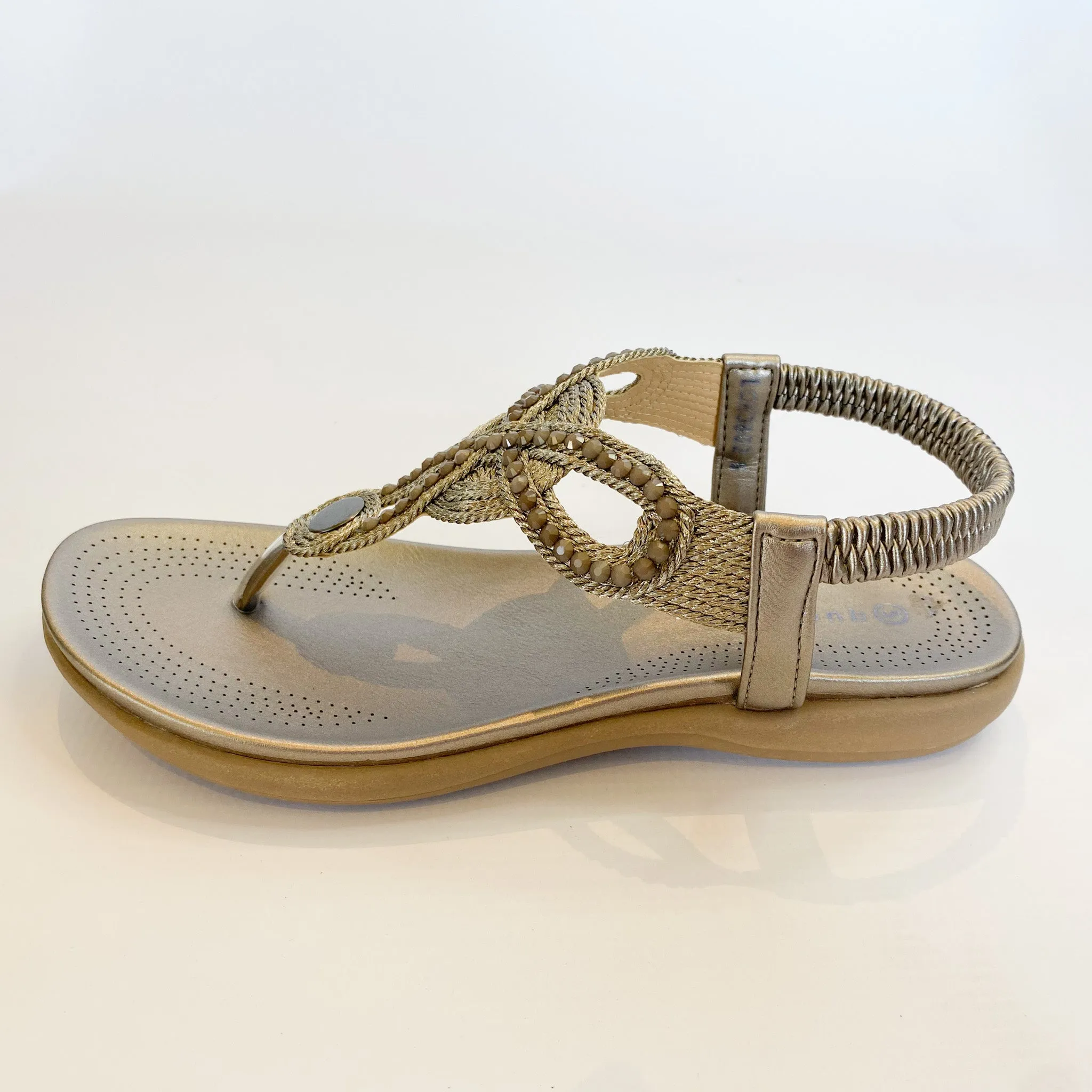 Pewter Beaded Toe Thong Sandals.