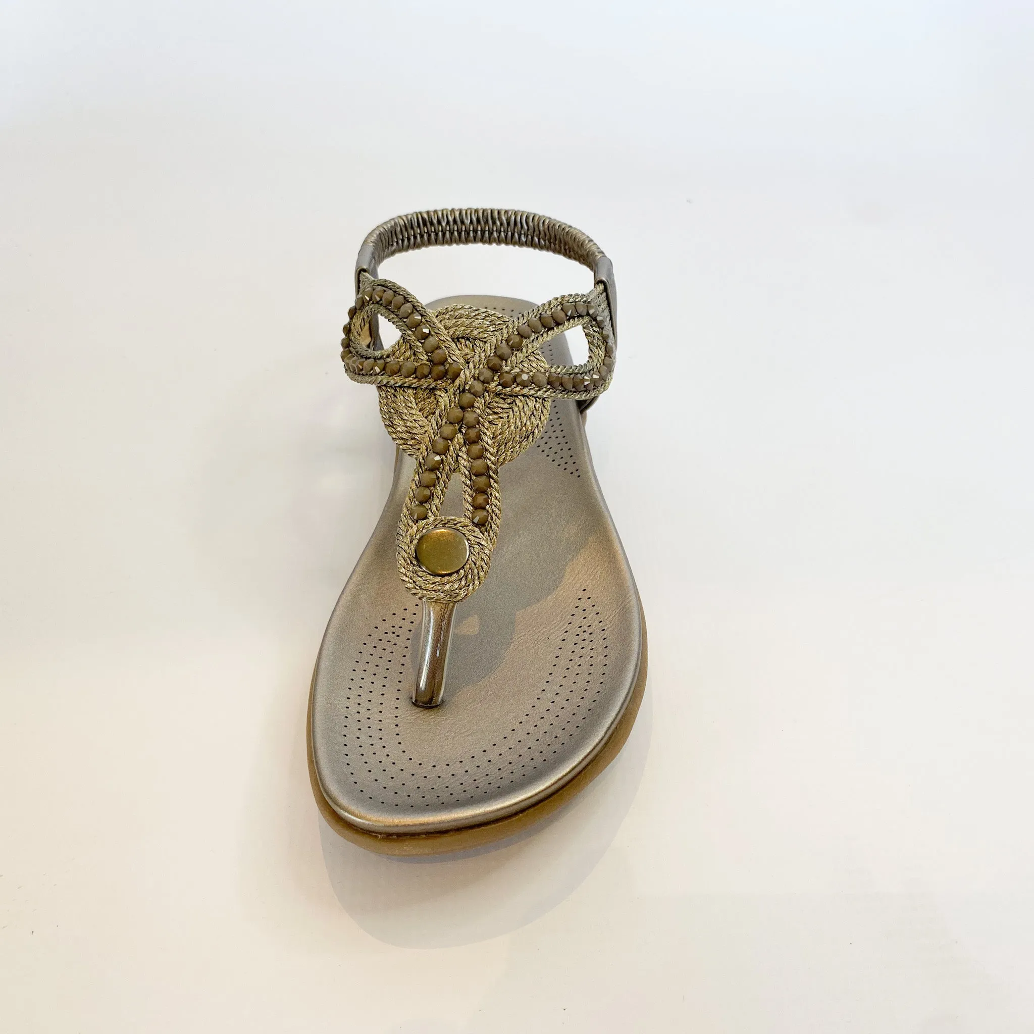 Pewter Beaded Toe Thong Sandals.