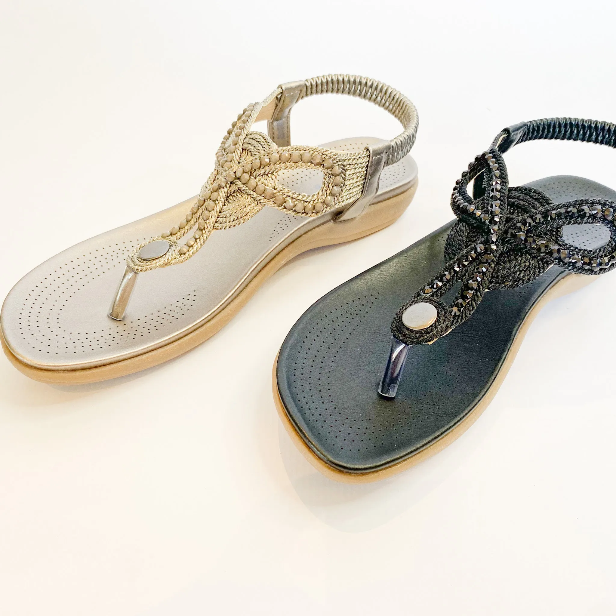 Pewter Beaded Toe Thong Sandals.