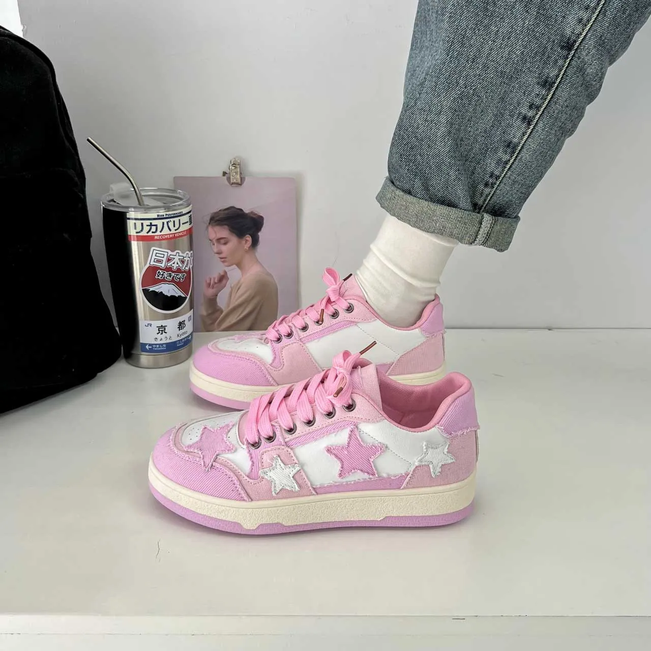 Pink star pattern print casual shoes