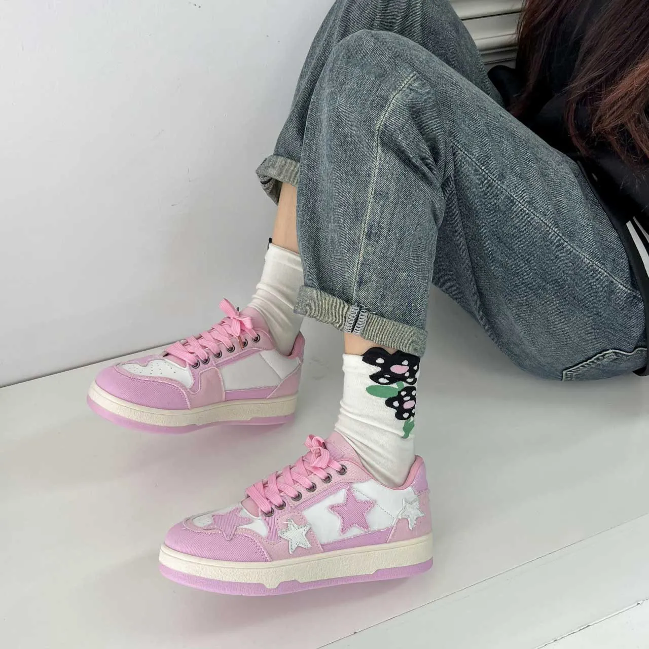 Pink star pattern print casual shoes