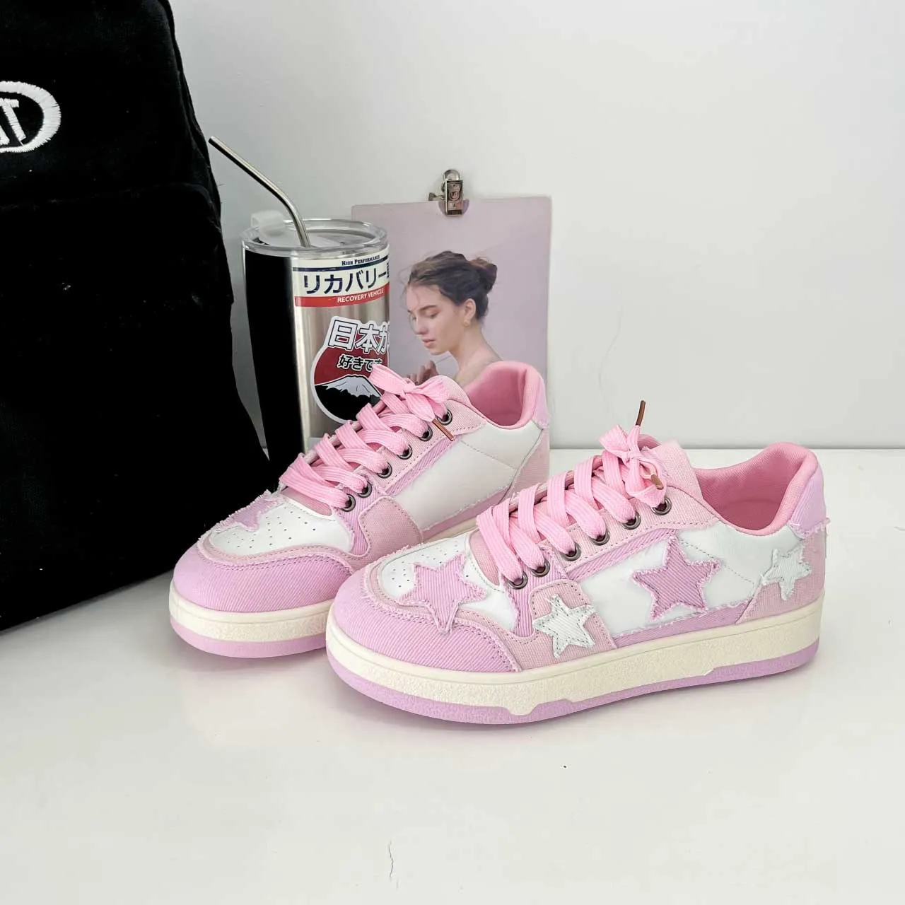 Pink star pattern print casual shoes