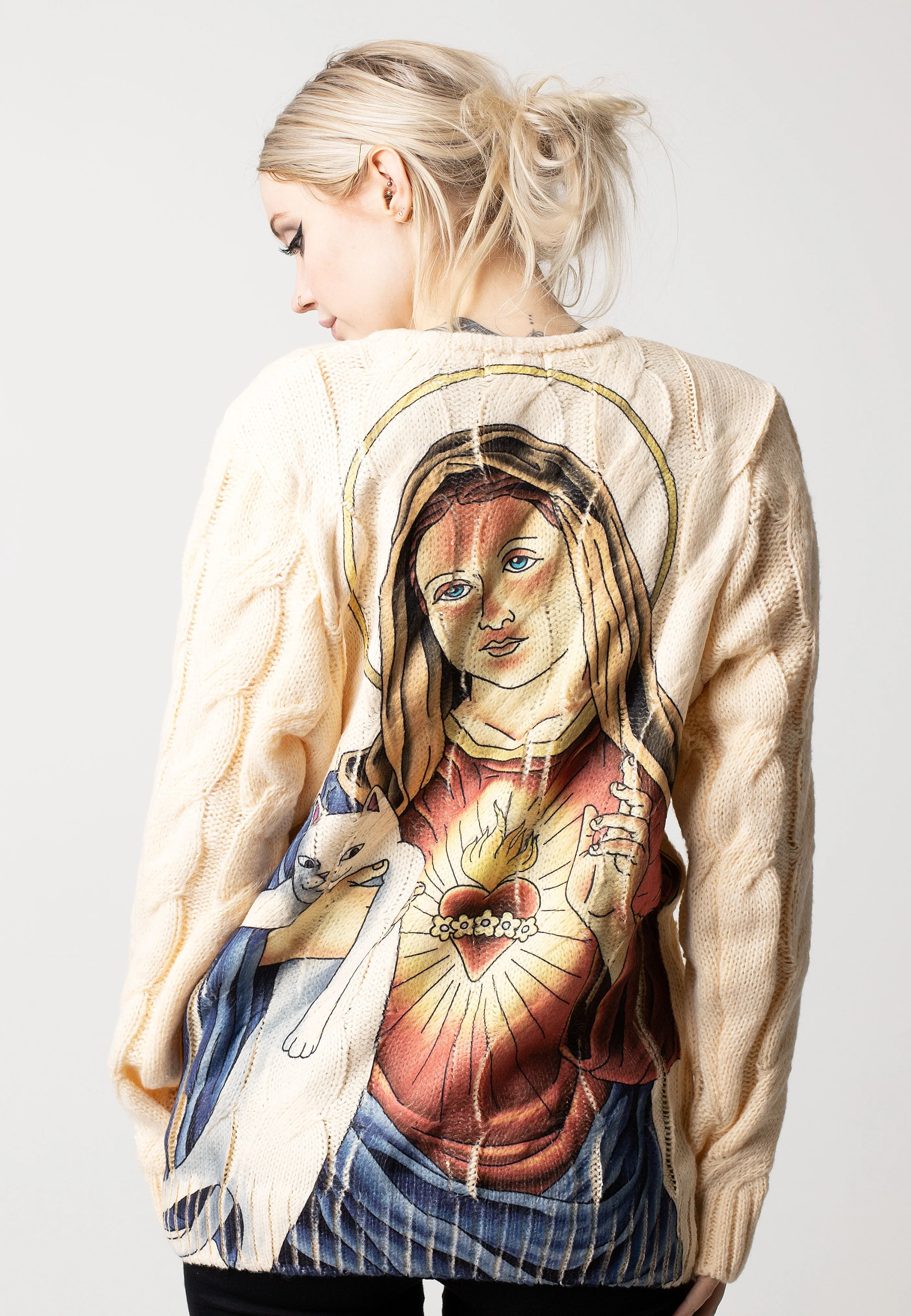 RIPNDIP Mother Mary Cream Cable Knit Pullover