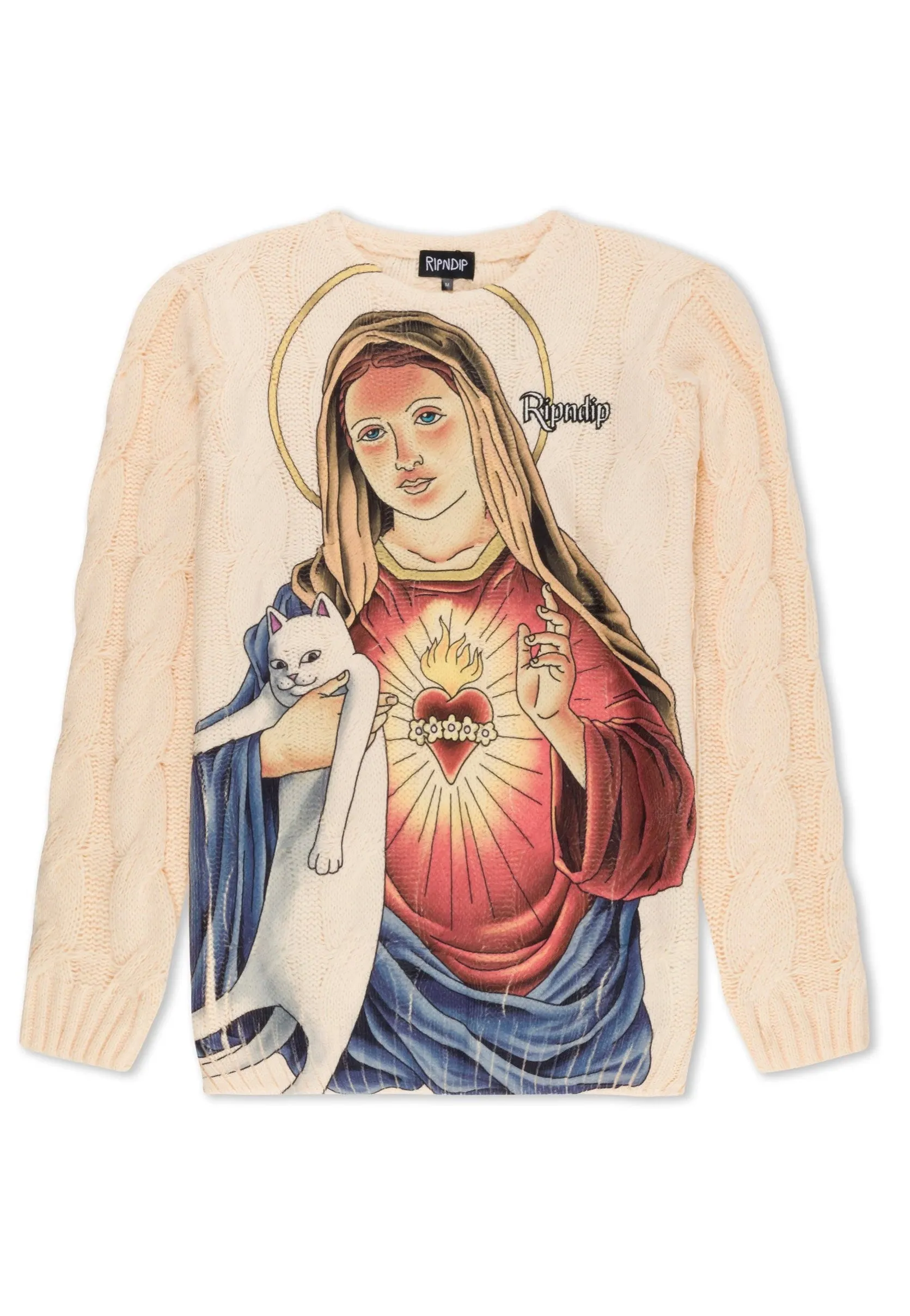 RIPNDIP Mother Mary Cream Cable Knit Pullover