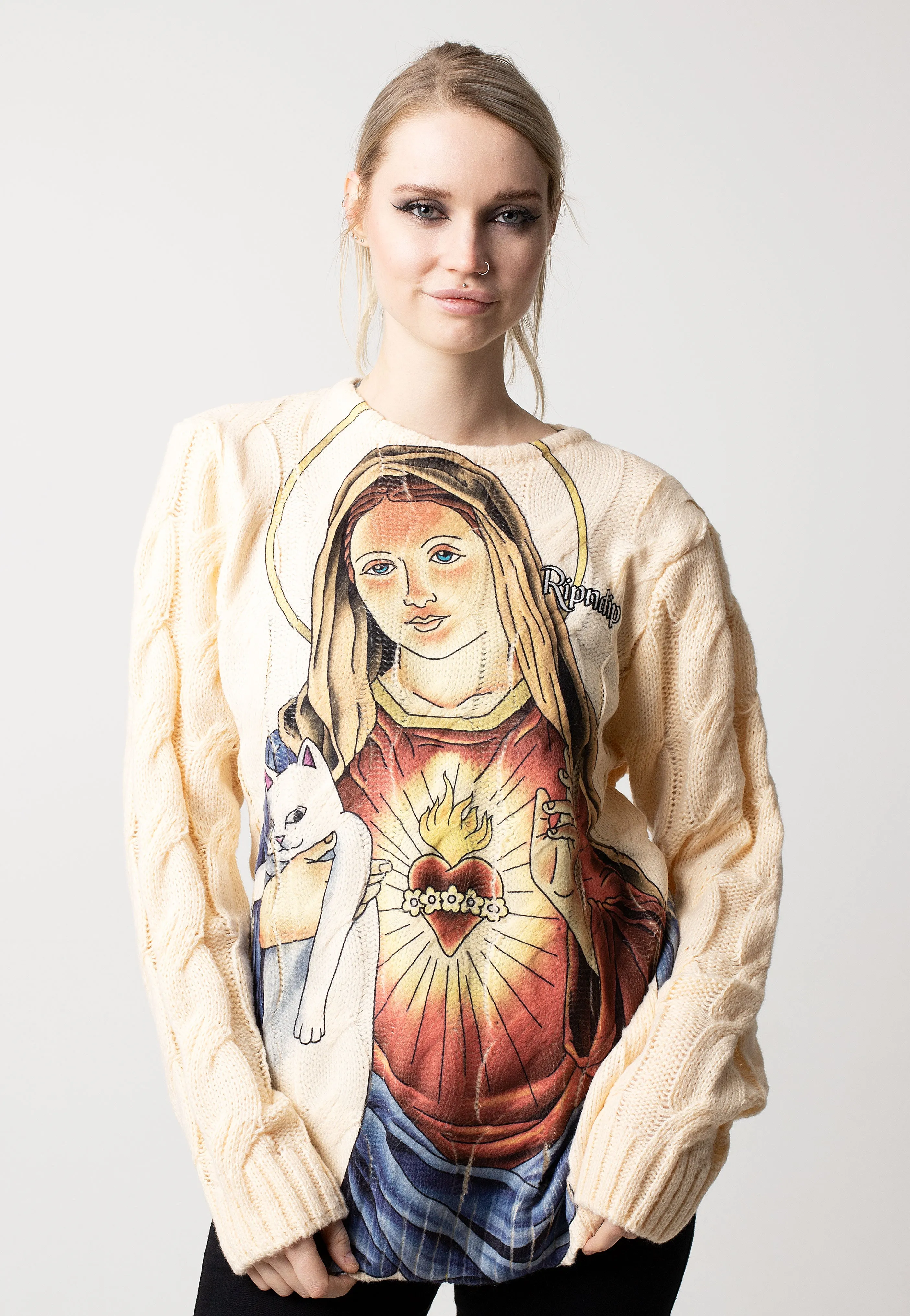 RIPNDIP Mother Mary Cream Cable Knit Pullover