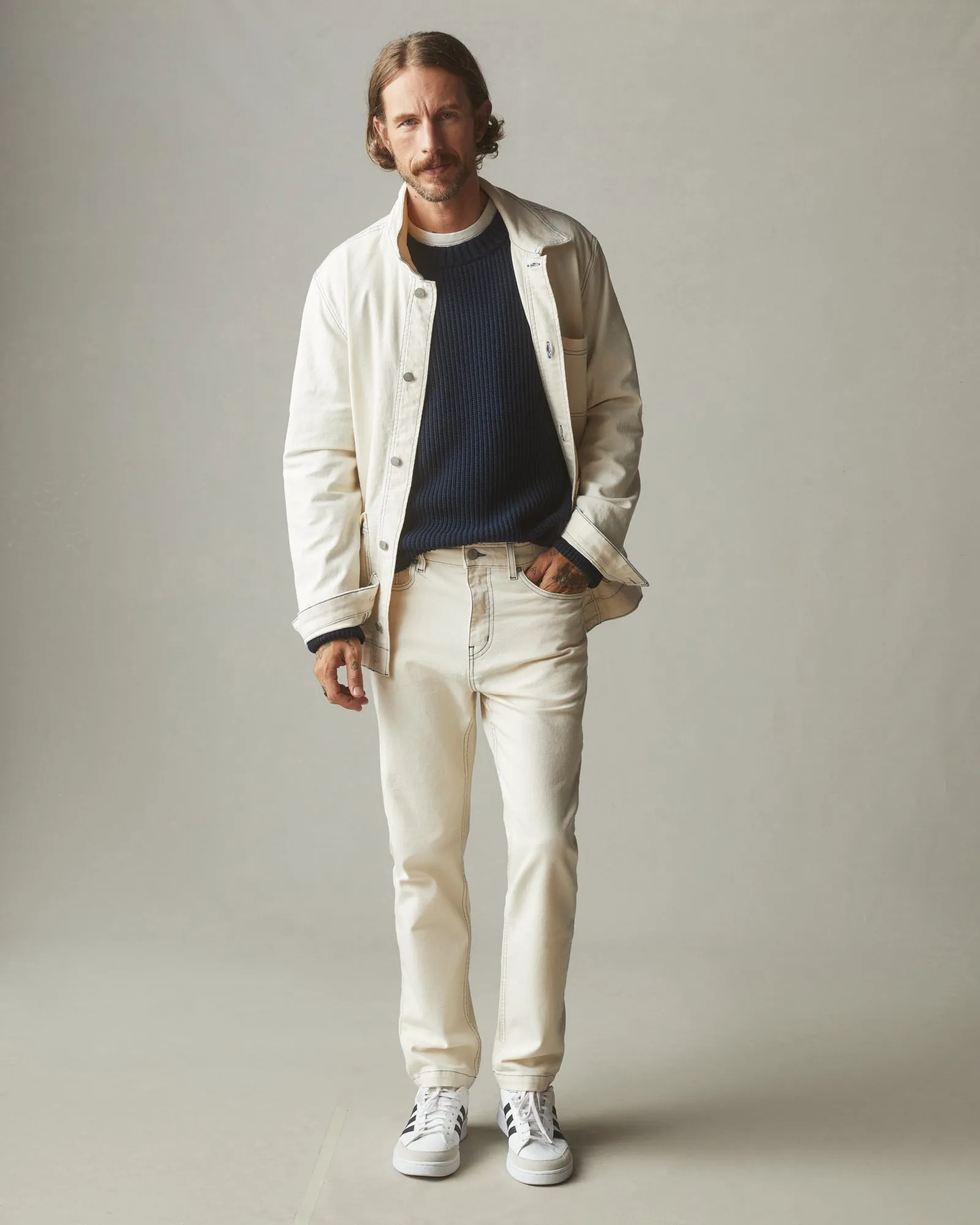 Rugged Straight Leg Pants with Contrast Stitching in Natural Color