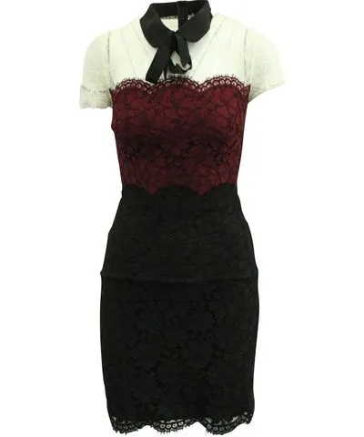 Sandro Paris Black Red White Lace Dress in Nylon