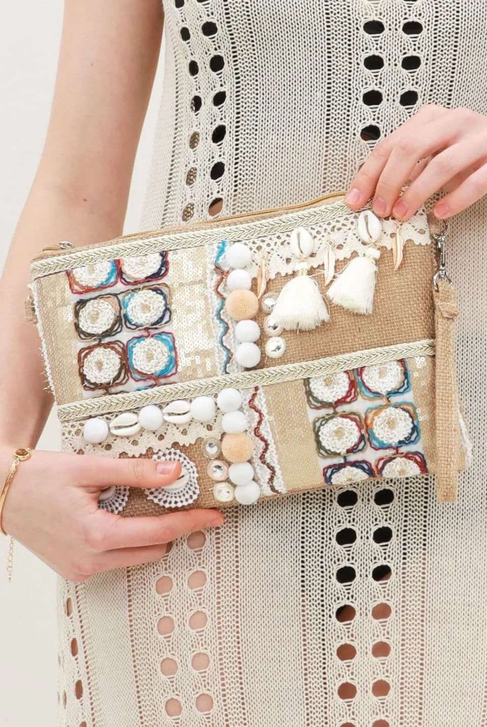 Boho Clutch Bag Nude Shell Detail