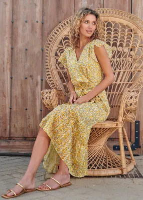 Yellow Smashed Lemon Flower Field 70's Maxi Dress