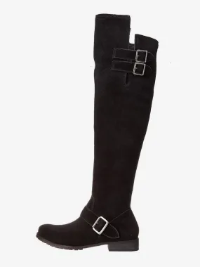 Black Suede Flat Over The Knee Boots Round Toe Buckle Detail