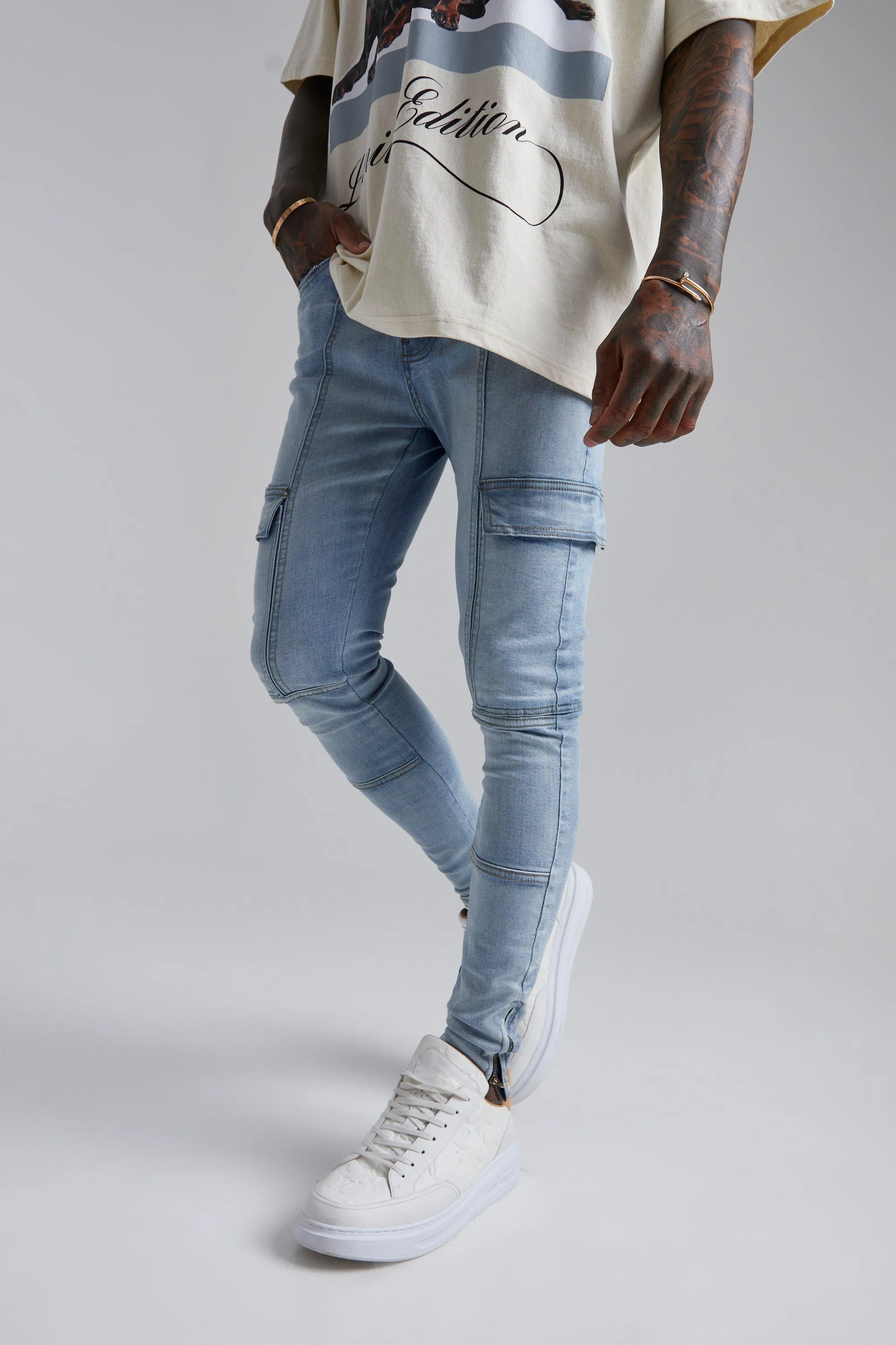 boohooMAN UK Super Skinny Panelled Cargo Jeans