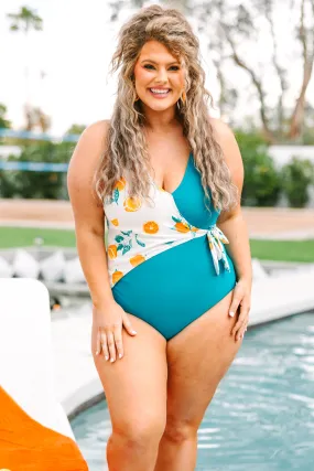 Swimsuit in Teal Color with Sunny Design.